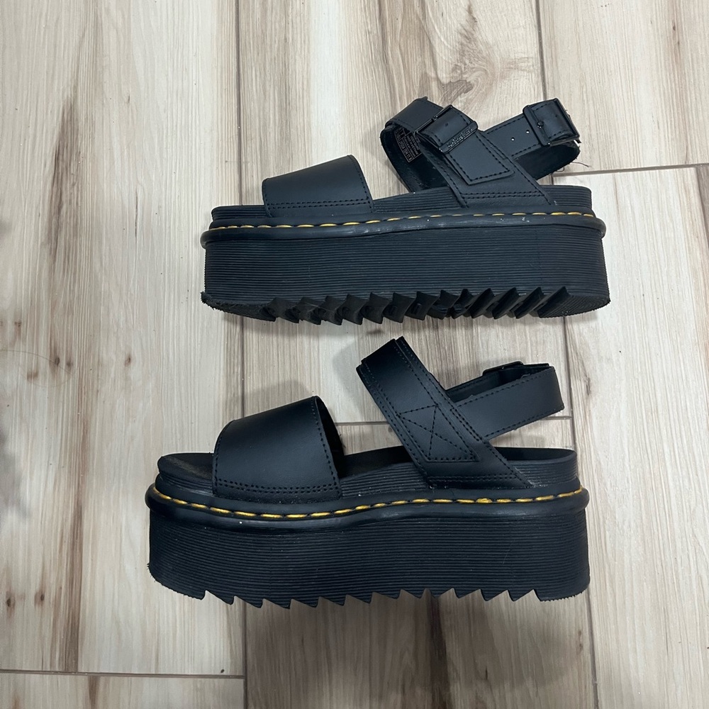 Dr. Martens Black Platform Sandals with Yellow Stitching